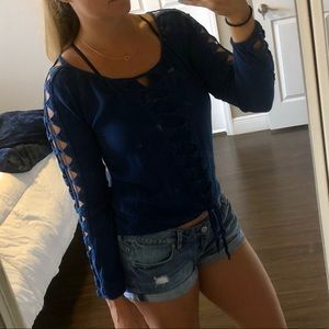 Blue Long Sleeve Tie Blouse w/ Cutout Sleeves